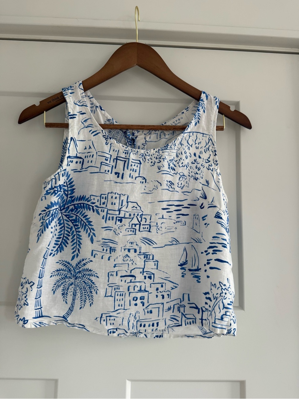 Calypso St. Barth Blue White Toile Linen Blend Crop Tank Top XS